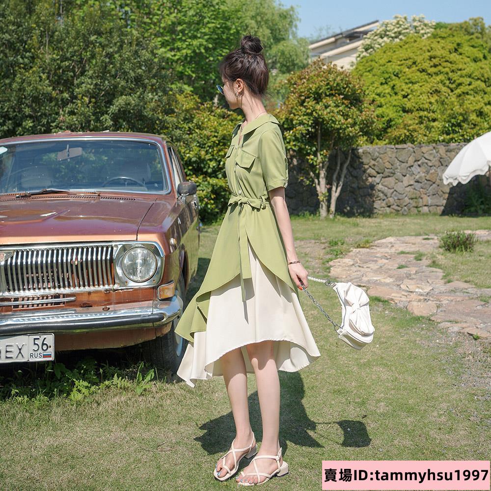 優品✨襯衫洋裝 赫本輕熟風洋裝 御姐氣質酪梨綠襯衫洋裝 夏季高腰法式不規則裙子✨低價