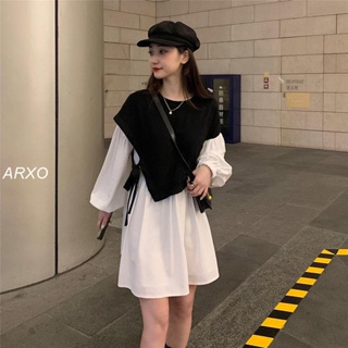 ARXO 洋裝 連身裙 秋季2023新款復古港味設計感假兩件收腰顯瘦燈籠長袖連衣裙女裙子