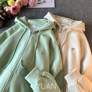 YUAN 寬鬆外套女 連帽拉鏈外套 加絨加厚外套女 女生外套 長袖上衣 開衫 oversize 寬鬆 慵懶