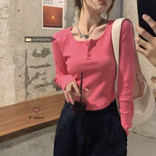 韓版排扣弧形下擺上衣 顯瘦長袖上衣 薄長袖上衣女 短版上衣長袖 長袖t恤 不規則上衣 合身上衣 素t 辣妹上衣 上衣女