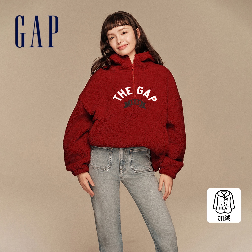 Gap 女裝 Logo印花仿羊羔絨帽T-紅色(756456)