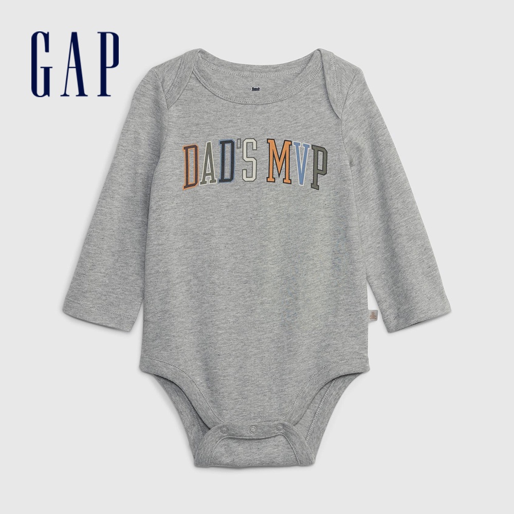 Gap 嬰兒裝 純棉印花長袖包屁衣-灰色(787696)