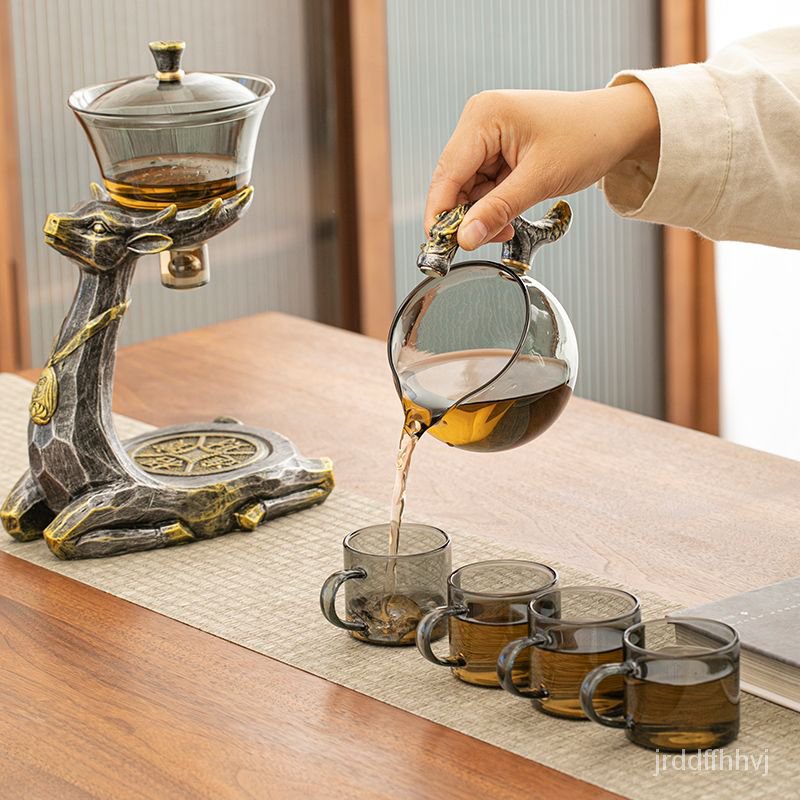 〔精品推薦〕自動玻璃茶具 一鹿有你套裝組閤 中式陶瓷懶人泡茶器 辦公室客廳茶壺 自動茶壺