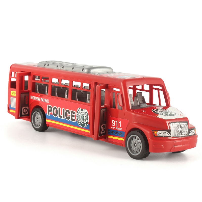 玩具校園慣性巴士帶燈光音樂包電池警察巴士車可開門公共汽車站