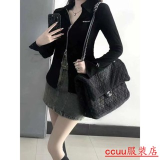 【ccuu精選外套】春秋新款顯瘦設計感小眾ins拉鏈辣妹T恤女Polo領修身氣質長袖上衣