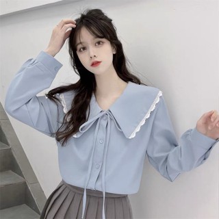 SY蝴蝶結長袖上衣系帶娃娃領襯衫上衣白色襯衫內搭女設計感小眾法式甜美長袖襯衫翻領襯衫女生素色襯衫