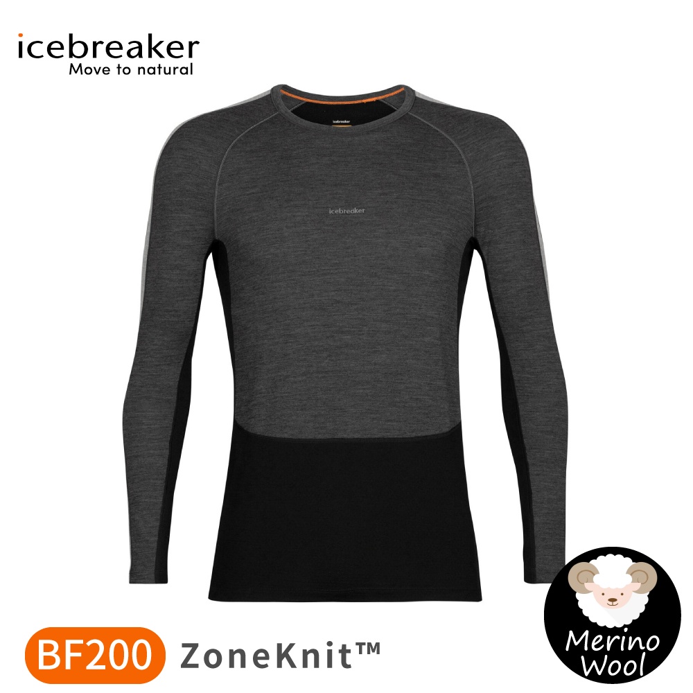 【Icebreaker 男 ZoneKnit 網眼透氣保暖圓領長袖上衣 BF200《灰/黑》】0A56HA/排汗衣