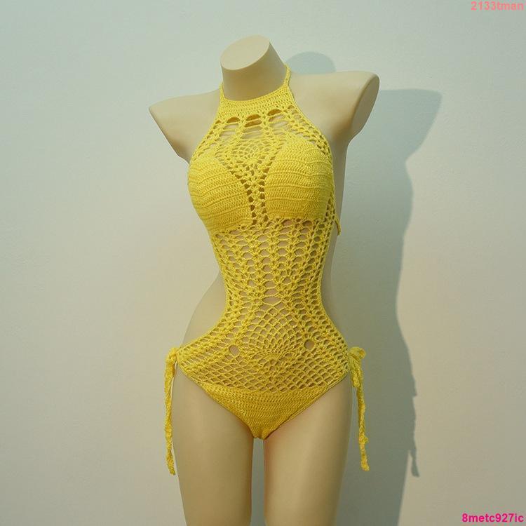 私人衣物-2020歐美性感手工針織鏤空掛脖游泳衣女泡溫泉連體泳衣比基尼