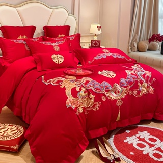 高檔中式龍鳳結婚四件套大紅色床單床笠被套刺繡喜被婚慶床上用品結緣品小鋪