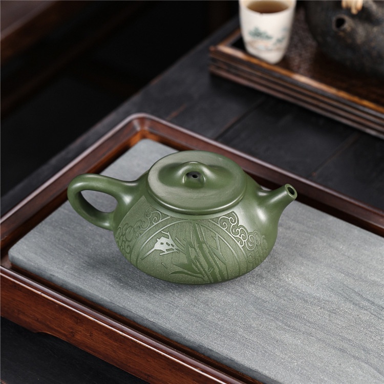 宜興紫砂壺 原礦綠泥手工刻繪石瓢壺功夫泡茶壺茶具 茶