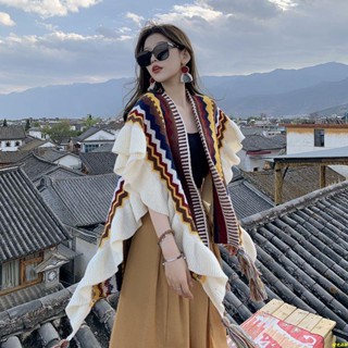 優雅加倍❥🔥民族風披肩斗篷披風女外搭針織開衫木耳邊時尚穿搭圍巾麗江旅遊潮