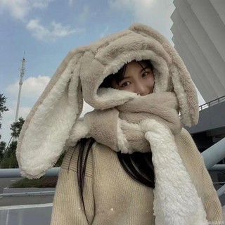 🧢限時免運 可愛毛絨帽女秋冬季兔耳朵加絨加厚三件套帽子圍脖手套一體仿兔毛保暖帽 毛帽 雪帽 針織帽 大頭圍帽子
