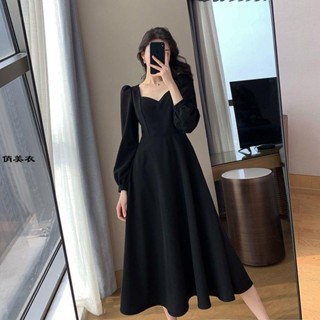 女裝洋裝 連身裙 赫本風小黑裙女春季新款復古v領長款過膝黑色氣質連身裙 長裙
