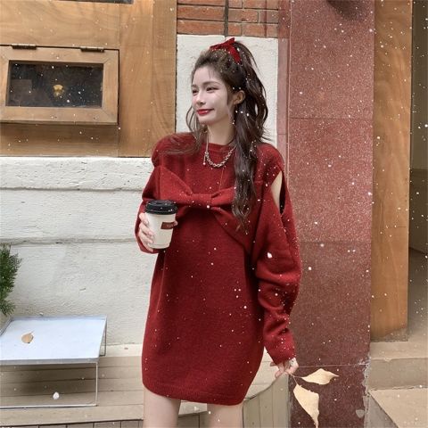Anna's 紅色洋裝秋冬露肩蝴蝶結中長款毛衣裙 小個子針織連身裙 新年耶誕衣服