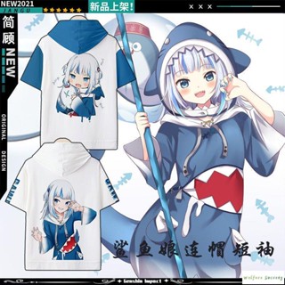 虛擬主播Gawr Gura噶嗚古拉連帽短袖hololive動漫T恤vtuber衣服潮 動漫連帽短袖t 上衣t 動漫周邊F