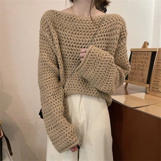 【YW】女生長袖上衣 溫柔軟糯風菠蘿紋毛衣女秋洋氣時髦寬鬆慵懶顯瘦露鎖骨針織上衣