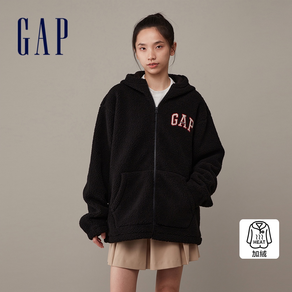Gap 男女同款 Logo仿羊羔絨連帽外套-黑色(841337)