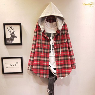 🔥新品🔥韓系 格子襯衫 秋冬款 上衣 襯衫 寬鬆 大尺碼 棉質 長袖 外套 連帽格子 襯衫女中長款 磨毛休閑百搭 外套
