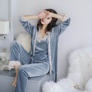 【限時免運】睡衣女秋冬季金絲絨三件套長袖性感吊帶大碼家居服女冬季珊瑚絨睡衣 性感睡衣 睡裙 居家服