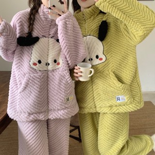 現貨 毛毛睡衣 冬天刷毛加厚保暖 法蘭絨睡衣 居家服 高領拉鍊居家服套裝 可愛卡通女生睡衣 珊瑚絨學生運動套裝