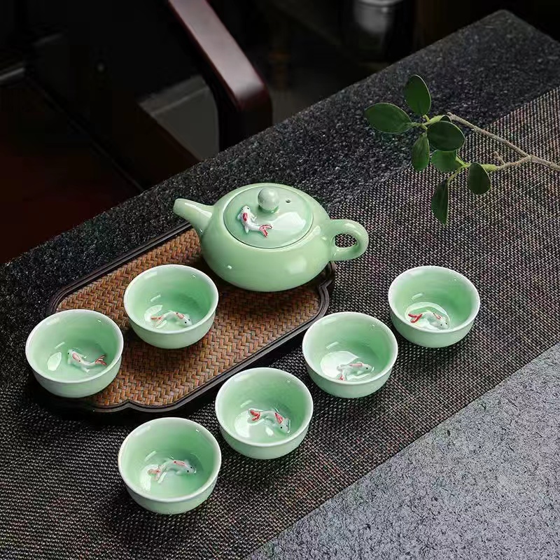 七件套青瓷茶具陶瓷套裝 七頭家用蓋碗泡茶壺 茶海茶漏 鯉魚杯子整套功夫茶具