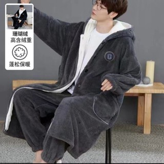 秋冬居家服 秋冬刷毛睡衣 法蘭絨睡袍 珊瑚絨睡袍 【P1108】 冬季男士睡袍套裝加厚長款睡衣珊瑚絨連帽刷毛新款浴袍學生