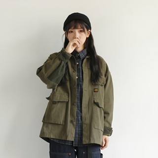 臺灣出貨 日系復古工裝夾克女秋季中性BF風寬鬆短外套拼接百搭上衣潮男 工裝外套 復古夾克 休閒外套 韓版外套 防風外套