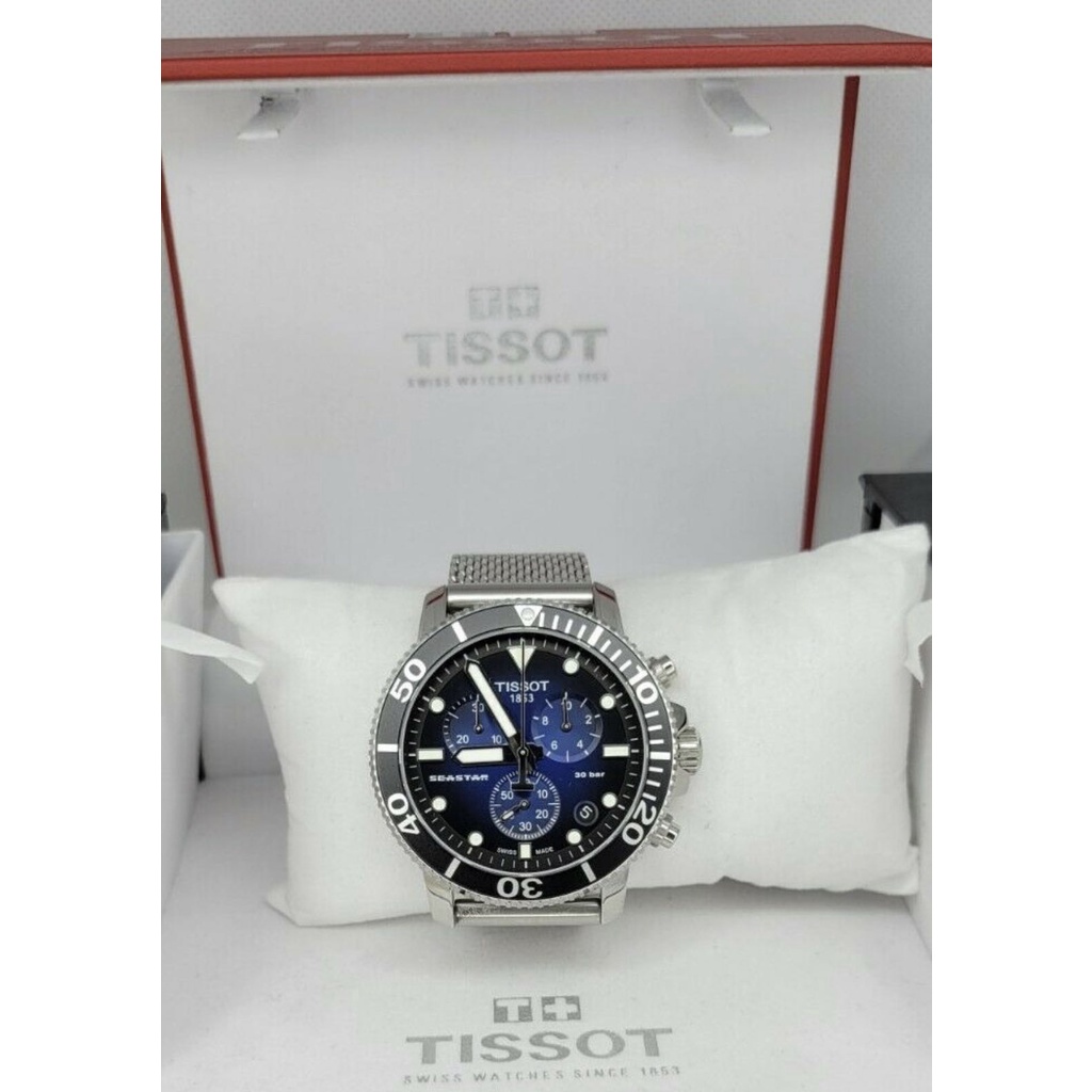 TISSOT Seastar1000 漸層藍色錶盤 銀色不鏽鋼錶帶 石英 三眼計時男士手錶T1204171104102