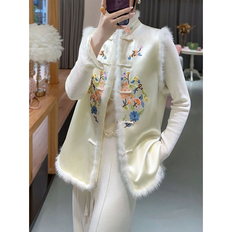 居士服 新中式中國風白色刺繡棉服馬甲套裝高級感上衣女