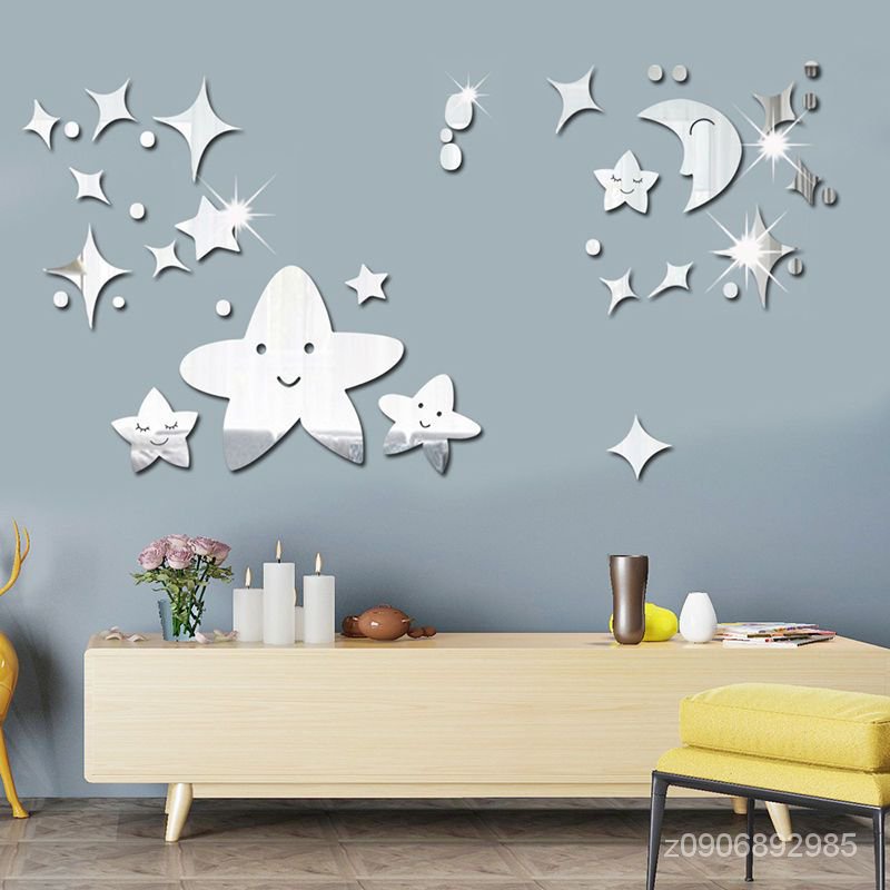 精選好物 笑臉星星月亮鏡麵墻貼兒童房臥室墻麵卡通裝飾貼畵墻壁佈置防水貼 GXDI