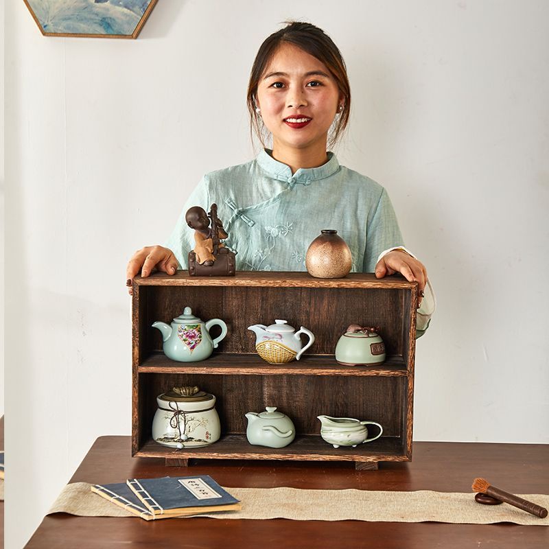 博古架 收納架 展示架 實木茶杯架小博古架多層茶具收納櫃複古茶壺展示櫃簡易儲物盒簡約