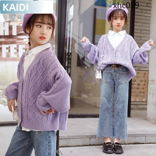 【臺北出貨】童裝女童紫色毛衣小外套2021春季新款洋氣兒童針織上衣寬褲學生服