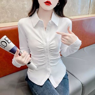 純棉上衣|POLO領開衫|大碼長袖襯衫女|春秋新款長袖打底衫|修身顯瘦長袖上衣|收腰單排扣上衣|簡約韓版襯衣|褶皺上衣