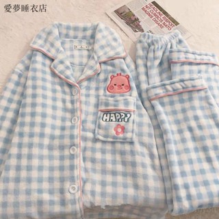 秋冬新品 保暖穿搭 睡衣 套裝 居傢服 睡衣女冬季毛絨黃格子可愛卡通loopy法蘭絨加絨加厚珊瑚絨傢居服