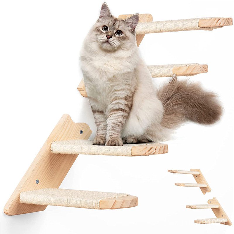 新款木製貓爬梯子墻壁掛式多層貓爬架劍麻繩木闆樓梯貓咪玩具用品