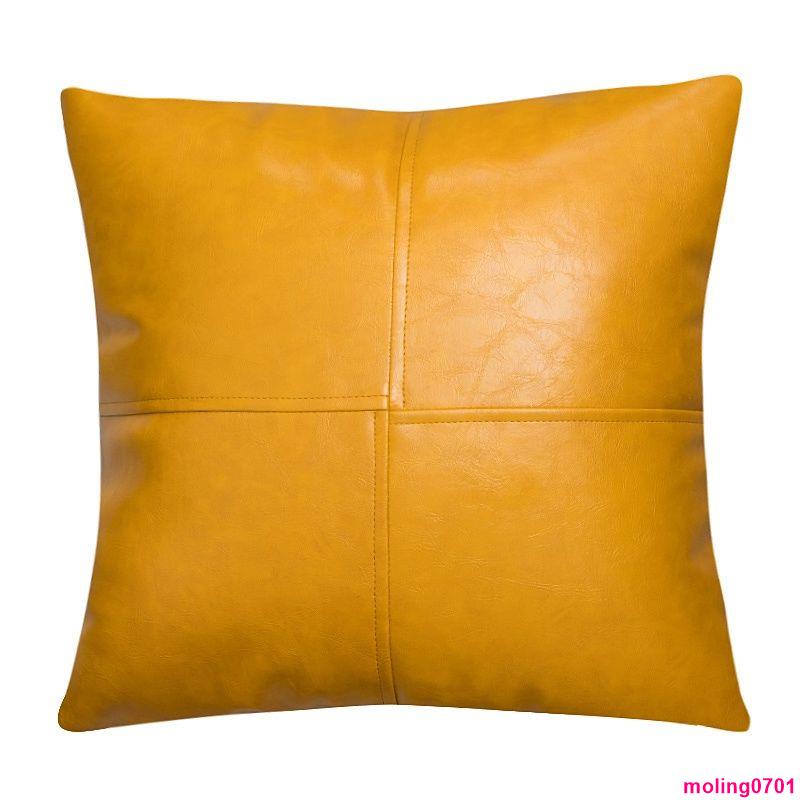 沙發靠枕✨高檔輕奢pu真皮抱枕靠墊套牛皮質抱枕橙色拼接油蠟皮沙發純色橘色