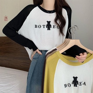 【Sweet Oversize】美式復古正肩上衣女春秋季新款韓風ins潮設計感拼接長袖T恤打底衫