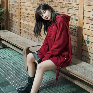 【Sweet Oversize】特大碼酒紅刺繡連帽衛衣女2022秋冬款2-300斤慵懶寬鬆百搭上衣潮