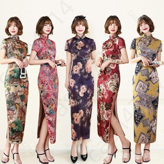 旗袍連身裙禮服洋裝秋長款旗袍裙女裝連衣裙修身演出媽媽裝表演中國風綢緞母親節禮服洋裝媽媽旗袍禮服洋裝旗袍KP14