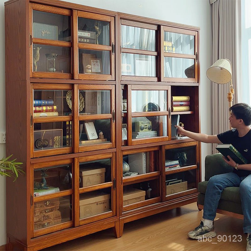 客廳書櫃一體整墻帶玻璃門美式實木書架推拉門傢用防塵儲物櫃轉角
