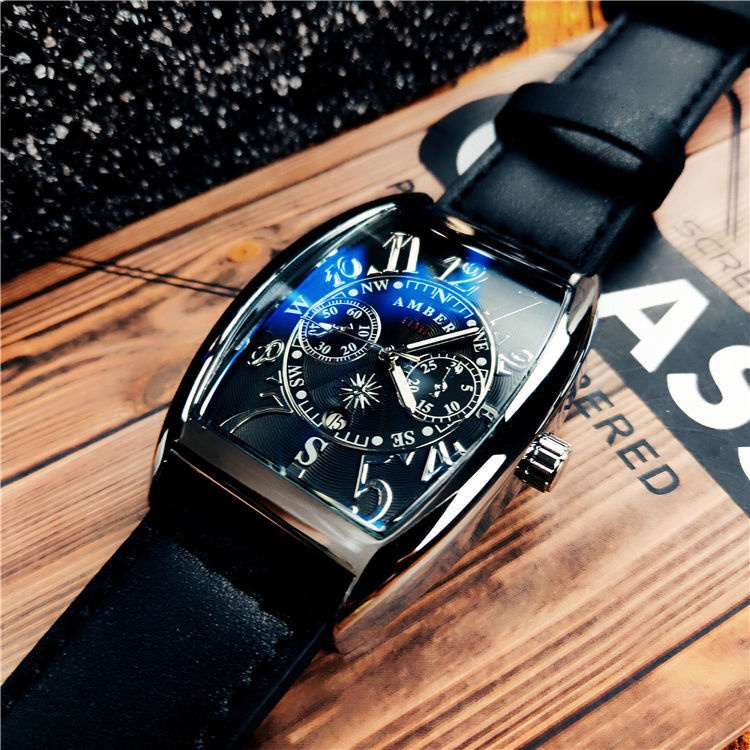 酒桶型男士手錶羅馬刻度大錶盤石英錶防水皮帶商務休閒復古男腕錶 洋洋飾品