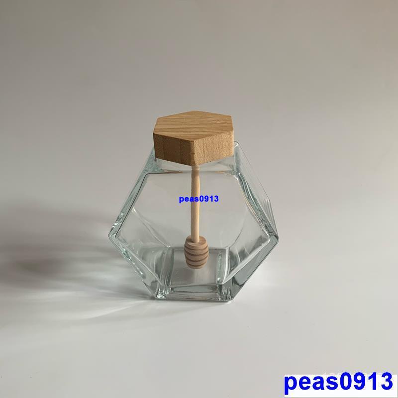 [熱賣]可愛六角蜂巢玻璃蜂蜜罐 木蓋帶攪拌棒玻璃瓶ondo衕款罐子380ml FSLJWE