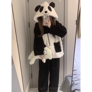 SWEETKRの可愛熊貓連帽珊瑚絨睡衣女2023冬季新款加絨加厚可外穿家居服套裝