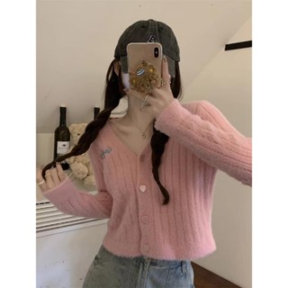 韓系 熱銷🎀仿水貂v領軟糯寬鬆短版毛衣小外套外套女春秋季甜辣妹顯瘦針織上衣