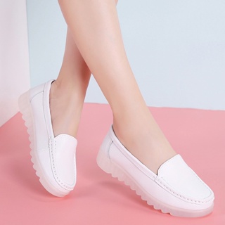白色護士鞋女軟底夏季鏤空牛皮夏天平底韓版工作坡跟鏤空