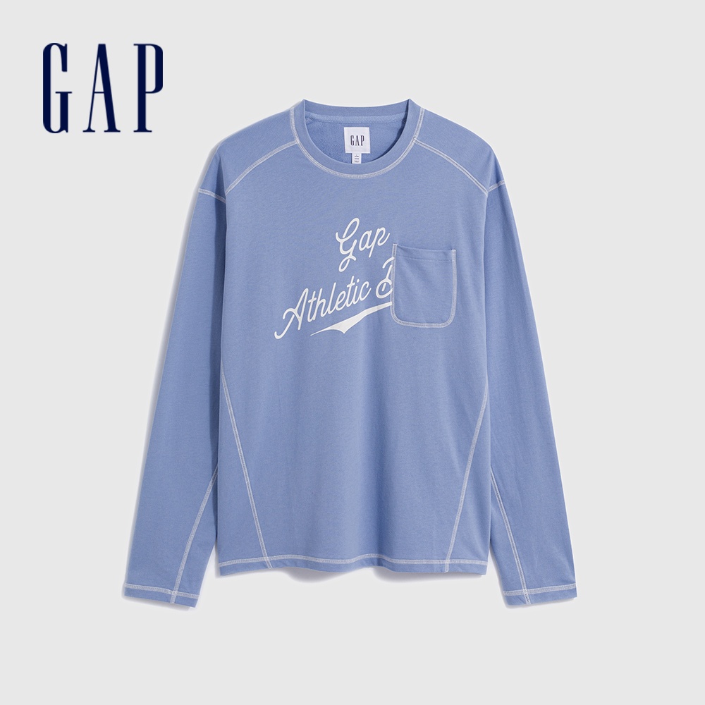 Gap 男女同款 Logo印花圓領長袖T恤-藍色(841257)