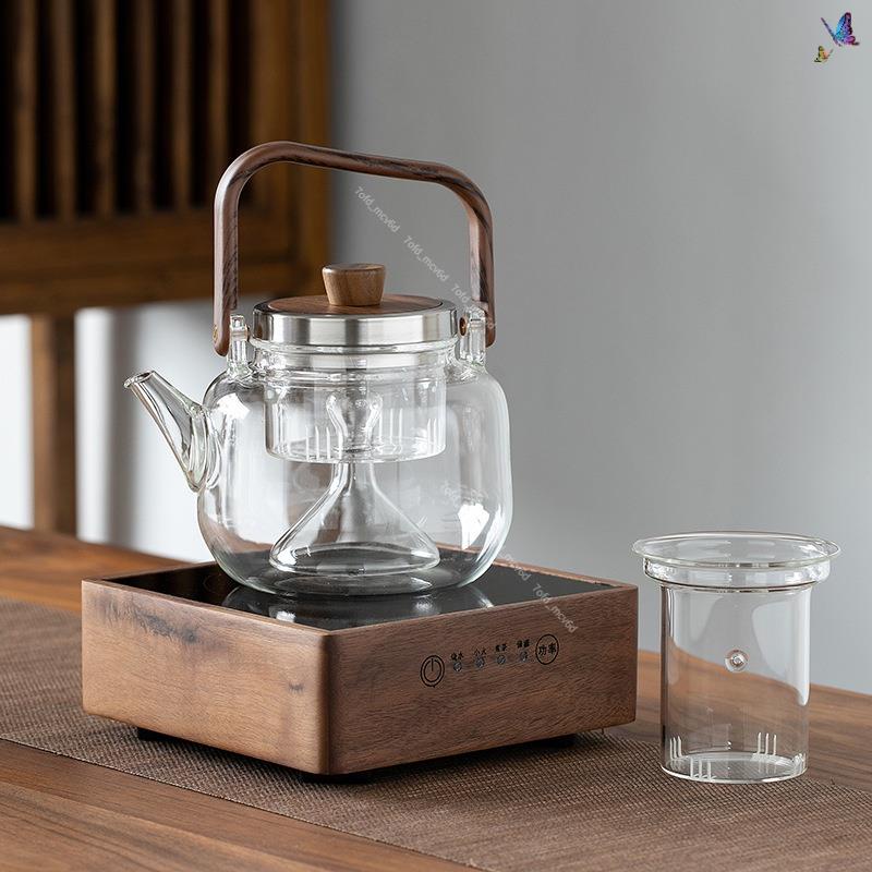 蝦皮優選胡桃木電陶爐 蒸煮茶器 玻璃燒水 白茶煮茶壺 小型自動茶爐套裝 泡茶壺