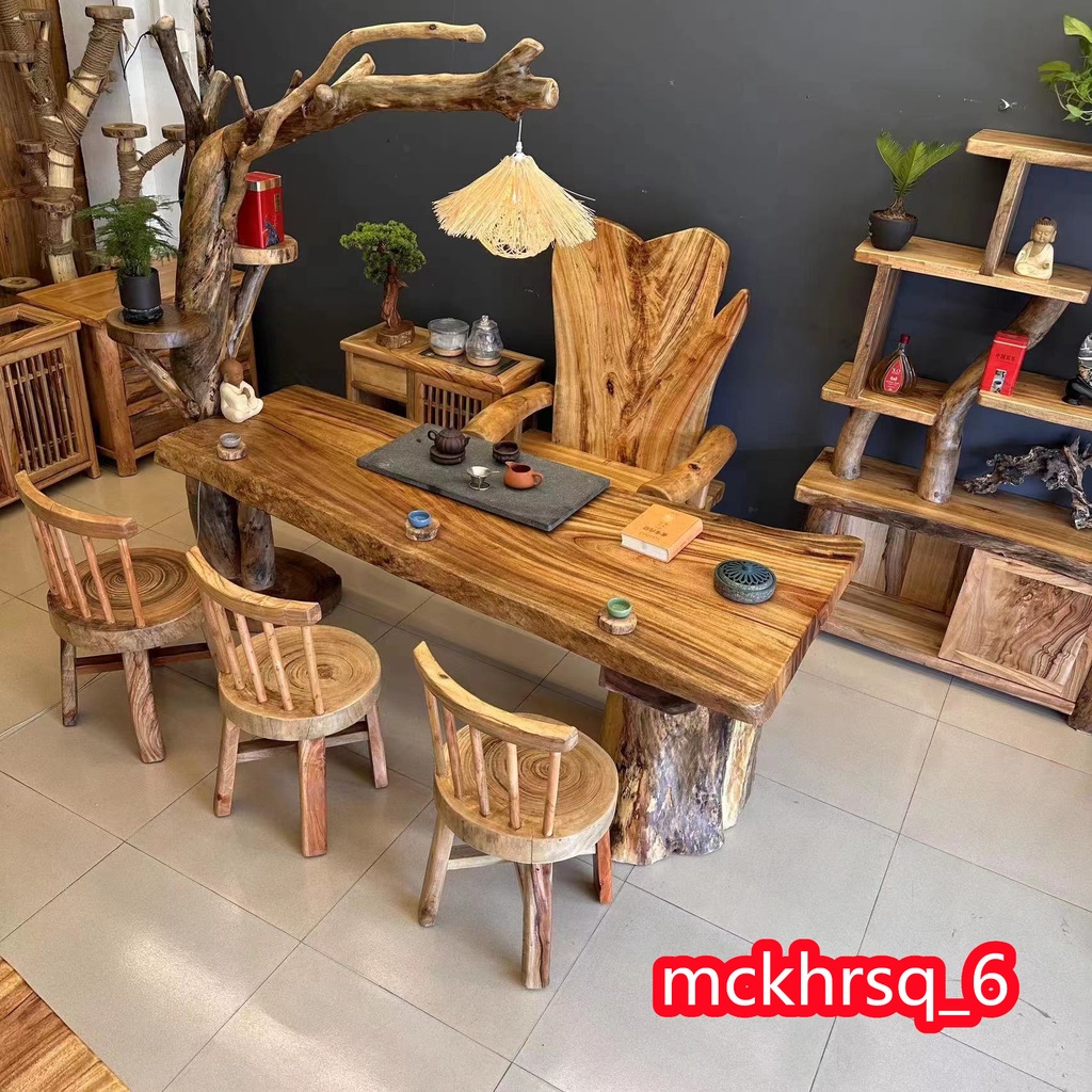 香樟木茶臺 原木根雕茶幾 原生態實木燈架 茶桌 家用實木大板桌組合椅