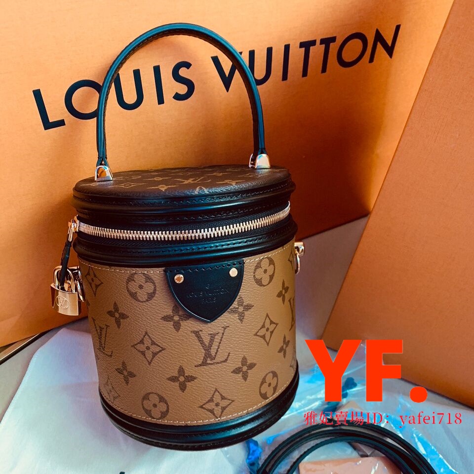 二手精品LV 路易威登 Cannes 圓桶包 M43986 老花拼色 發財桶 手提化妝包 水桶包 斜挎包 單肩包