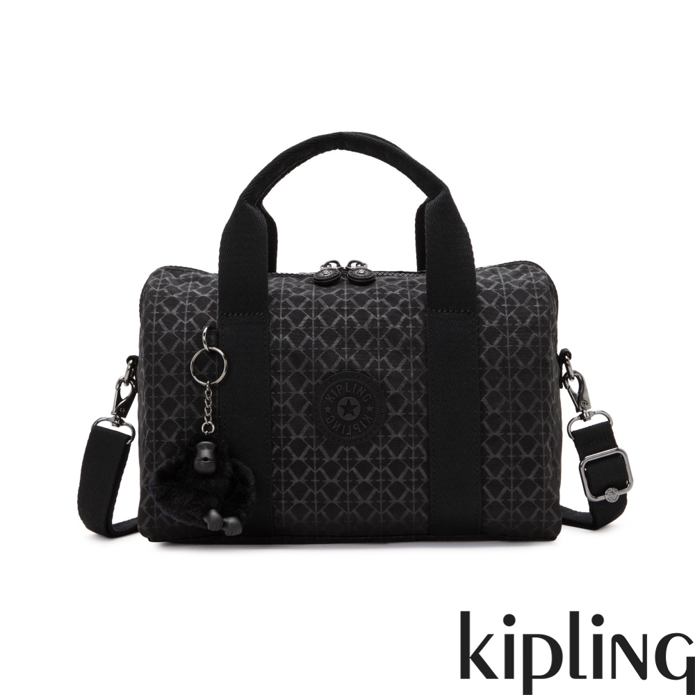 Kipling 經典黑菱格紋印花中型圓筒手提肩背兩用包-BINA M